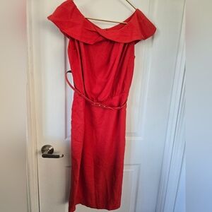 Escada Red Midi Dress with Belt. 100% Silk Dress and Lining Vintage Silk